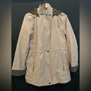 Liz Claiborne Lizwear Hooded Tan Coat W/ Removable Plaid Lining Pockets Small